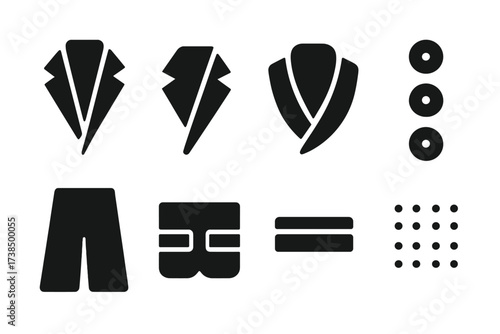 Business Suit Icons. Solid, filled icon set of business suit fashion elements: lapel, notch, peak, shawl collar, buttons, vents, pockets, stitching. [Solid,