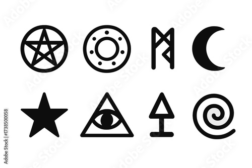 Mystical Icon Grid. Solid, filled icon set of mystical symbols: pentagram, magic circle, runes, crescent moon, star, eye of providence, alchemy symbol,