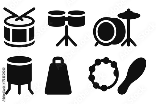 Percussion Icon Set. Solid, filled icon set of fill instruments: snare drum, tom-toms, bass drum, floor tom, cymbals, cowbell, tambourine, shaker. Solid,