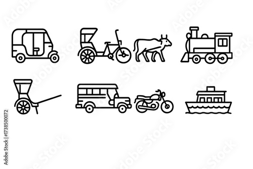 Cultural Icons Collection. Outline icon set of Indian transportation: auto rickshaw, cycle rickshaw, bullock cart, train engine, hand-pulled rickshaw, jeepney,