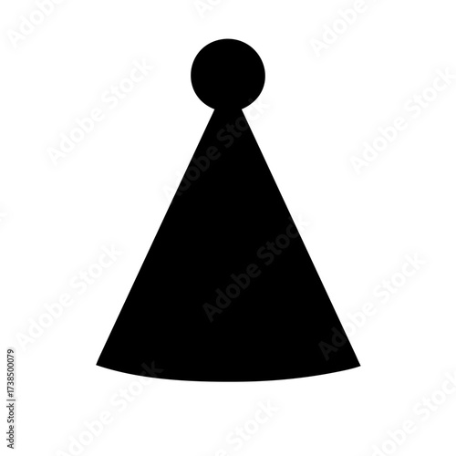 Illustration of a party hat the party hat is black and has a simple conical shape with a pompom