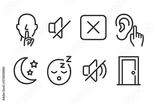Silent Signal Icons. Outline icon set of silent signals: finger on lips, no sound symbol, quiet zone sign, ear with hush gesture, moon and stars for night
