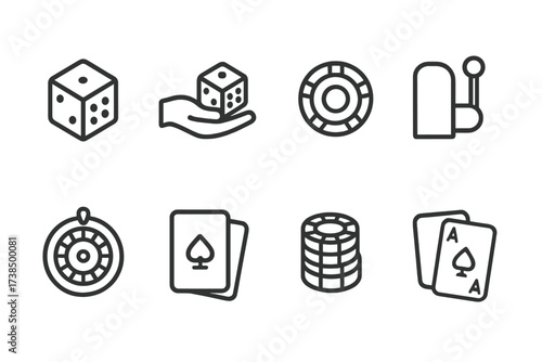 Gambling Icon Set. Outline icon set of roll gambling: dice, dice hand, poker chips, slot machine lever, roulette wheel, card deck, chips stack, playing cards.