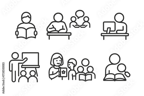 Library Activity Icons. Outline icon set of library activities: reading, studying, group discussion, computer use, workshop, storytelling, book club, research.
