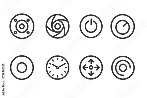 Circular Tech Icon Set. Outline icon set of circular technology components: speaker, camera lens, power button, volume knob, record button, watch face, button