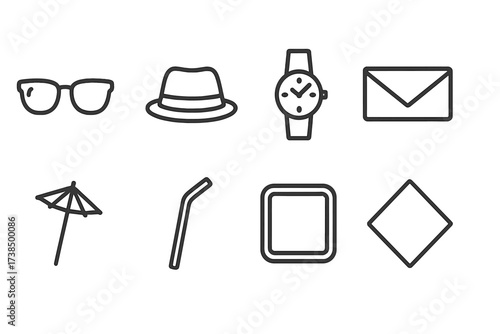 Rooftop Bar Icon Set. Outline icon set of rooftop bar accessories: sunglasses, hat, wristwatch, clutch bag, cocktail umbrella, straw, coaster, napkin. [Line