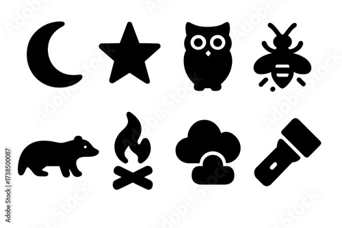 Nighttime Icon Set. Solid, filled icon set of wild nighttime elements: moon, star, owl, firefly, nocturnal animal, campfire smoke, night cloud, flashlight