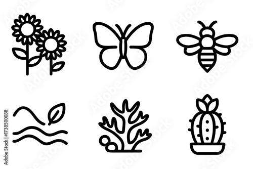 Nature Icons Grid. Solid, filled icon set of vitality in nature: sunflowers, butterfly, honeybee, flowing stream, green leaf, coral reef, bird in flight,