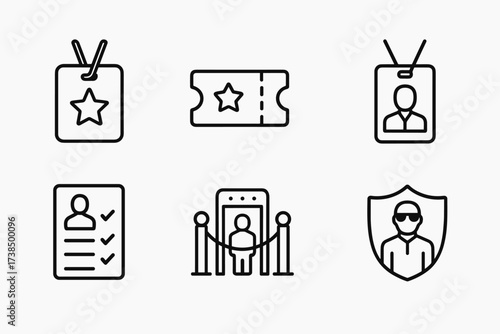 Club Access Icons. Outline icon set of club access: VIP badge, ticket, wristband, ID card, guest list, security checkpoint, velvet rope, bouncer shield. [Line