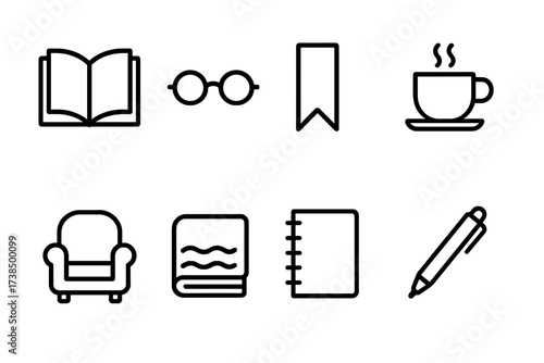 Reading Accessories Icons. Outline icon set of reading accessories: book, glasses, bookmark, coffee cup, chair, blanket, notebook, pen. Line icons in only