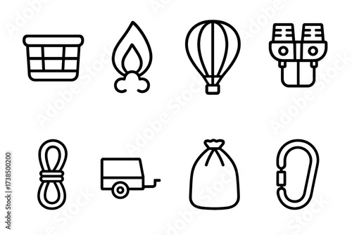 Balloon Transport Icons. Outline icon set of balloon transport: balloon basket, hot air balloon flame, balloon envelope, balloon burner, balloon tether,