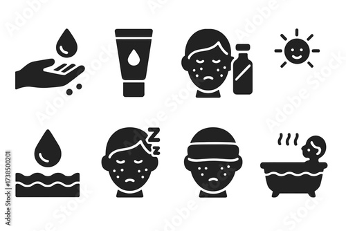 Irritation Care Icons. Solid, filled icon set of irritation daily care: gentle washing, moisturizing, avoiding irritants, sun protection, hydration, rest, cold