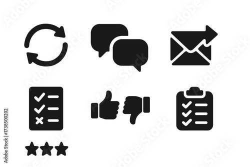 Peer Feedback Icons. Solid, filled icon set of peer feedback loop: arrows cycle, chat bubbles, feedback form, email reply, thumbs up/down, review stars,