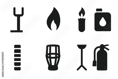 Torch Accessory Icons. Solid, filled icon set of torch accessories: torch holder, torch flame, wick, fuel canister, handle grip, safety guard, torch stand,