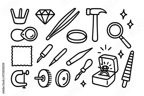Jeweler's Tools Icons. Hand-drawn doodle illustration prong setting prongs, gemstone, ring band, tweezers, jeweler?s loupe, polishing cloth, hammer, engraving