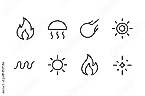 Heat and Spirit Icons. Outline icon set of heat and spirit: burning flame, radiant heat, fireball, molten core, heat pulse, solar flare, blaze, ember spark.