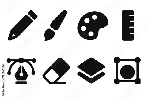 Graphic Design Tools. Solid, filled icon set of graphic design tools: pencil, paintbrush, color palette, ruler, pen tool, eraser, layers, vector shapes. [Line