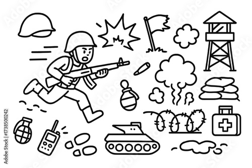 Tactical Withdrawal Doodle. Hand-drawn doodle illustration Tactical withdrawal scene soldier running, helmet, rifle, explosion, smoke, barbed wire, sandbag,