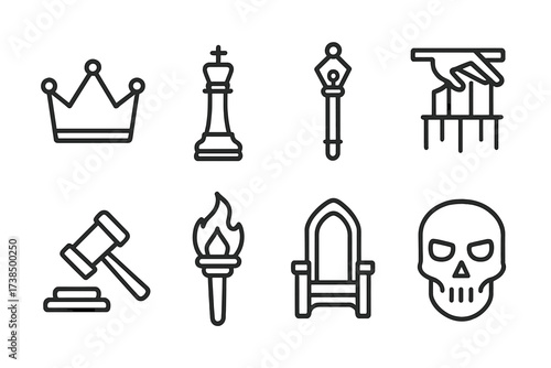 Ruthless Icon Set. Outline icon set of ruthless leadership: crown, chess king, scepter, puppet strings, gavel, burning torch, throne, skull mask. Line icons in