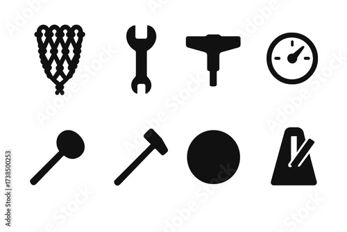 Djembe Tuning Tools Icons. Solid, filled icon set of djembe tuning tools: rope tuning system, tuning wrench, drum key, tuning gauge, mallet, tuning stick,