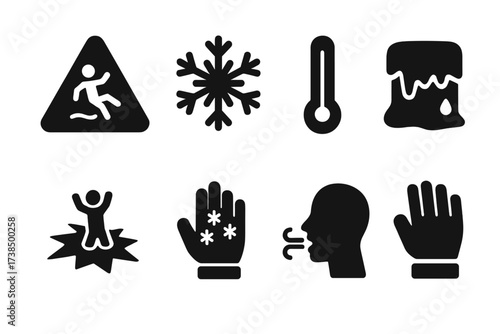 Ice Safety Icon Set. Solid, filled icon set of ice safety and warning: slippery sign, frost warning, cold temperature, melting ice, ice hazard, frostbite, cold
