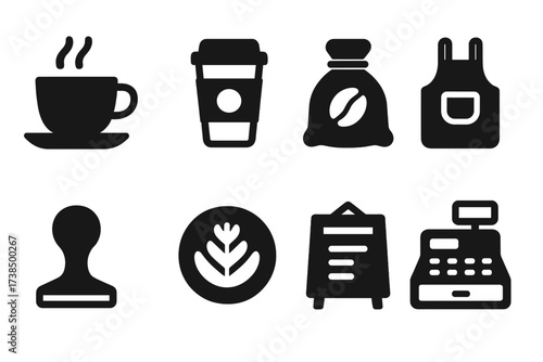 Coffee Shop Icons. Solid, filled icon set of coffee shop items: coffee cup, to-go cup, coffee beans sack, barista apron, coffee tamper, latte art, menu board,