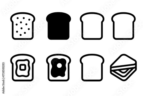 Variety of Toasts Icons. Solid, filled icon set of toast textures: crispy toast, burnt toast, soft toast, golden toast, buttered toast, jammed toast, plain