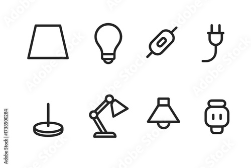 Lamp Parts Icons. Outline icon set of lamp parts: lampshade, bulb, switch, power cord, base, adjustable arm, reflector, socket. Line icons in only black color,