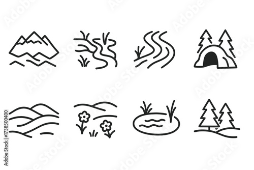 Balkan Iconography. Outline icon set of Romanian geography: Carpathian Mountains, Danube Delta, forests, rivers, caves, hills, meadows, lakes. Line icons in