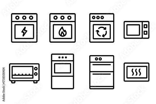 Oven Icons Set. Outline icon set of oven types: electric oven, gas oven, convection oven, microwave oven, toaster oven, wall oven, double oven, steam oven.