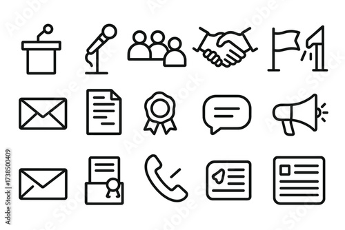 Decree Ceremony Icons. Outline icon set of decree ceremony: podium, microphone, audience, flag, handshake, ribbon cutting, stage, spotlight. Line icons in only