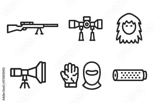 Sniper Gear Icons. Outline icon set of sniper gear: sniper rifle, scope, bipod, ghillie hood, spotting scope, camo gloves, face mask, suppressor. Line icons in