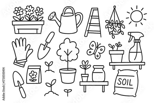 Balcony Gardening Essentials. Hand-drawn doodle illustration Balcony gardening flower pot, watering can, ladder, gloves, trowel, hanging plant, shelf, seed