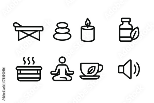 VIP Relaxation Icons. Outline icon set of VIP relaxation and wellness: spa bed, massage stone, scented candle, essential oil, hot tub, yoga pose, herbal tea,