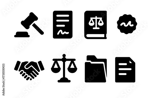 Legal Icons Grid. Solid, filled icon set of legal agreement: gavel, contract, law book, signature, seal, handshake, scales of justice, document folder. [Line