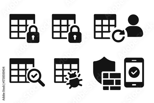 Spreadsheet Security Icons. Solid, filled icon set of spreadsheet security: password lock, data encryption, backup file, user permission, audit log, virus
