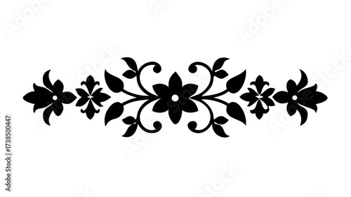 Floral ornament with symmetrical arrangement of flowers leaves and curls in black and white vector design