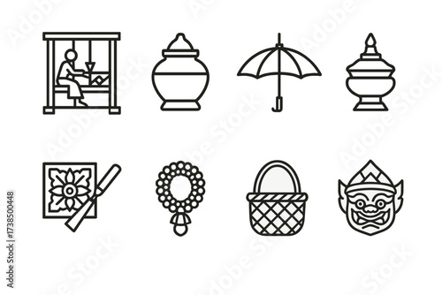 Thai and Indonesian Icons. Outline icon set of Thai traditional crafts: silk weaving, pottery, umbrella, lacquerware, wood carving, flower garland, basket
