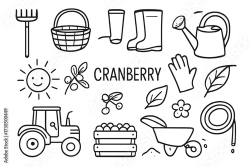 Cranberry Farming Tools. Hand-drawn doodle illustration Cranberry agriculture tools rake, shovel, basket, boots, gloves, watering can, tractor, crate, sun,