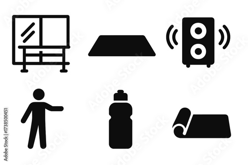 Dance Rehearsal Icons. Solid, filled icon set of dance rehearsal room: wall mirror, ballet bar, practice floor, sound system, instructor figure, water bottle,