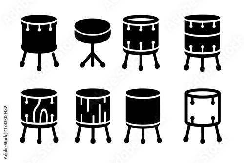 Floor Tom Icon Set. Solid, filled icon set of floor tom types: acoustic floor tom, electronic floor tom pad, vintage floor tom, modern floor tom, maple shell,