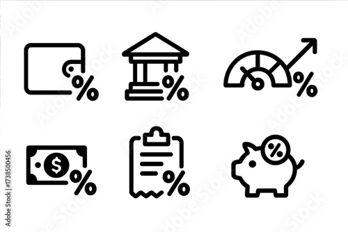 Finance Icons Grid. Solid, filled icon set of percentage indicators in finance apps: wallet %, bank account %, credit score %, investment %, loan %, budgeting