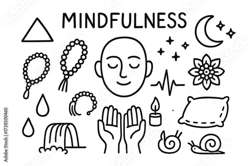 Mindfulness Doodle Icons. Mindfulness. Hand-drawn doodle illustration mindfulness peaceful face, meditation beads, triangle, moon, star cluster, mandala