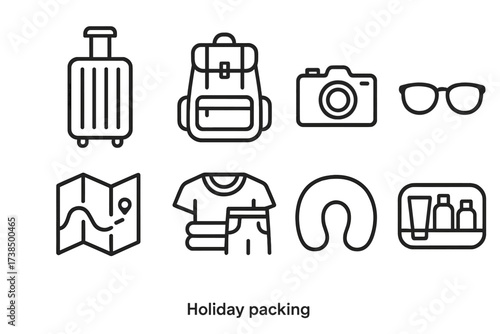 Travel Essentials Icons. Outline icon set of holiday packing: suitcase, backpack, camera, sunglasses, map, clothes, travel pillow, toiletries bag. Line icons
