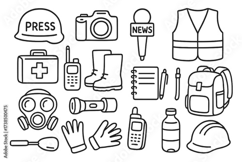 Disaster Zone Essentials. Hand-drawn doodle illustration Disaster zone reporting helmet, camera, microphone, safety vest, first aid kit, satellite phone,