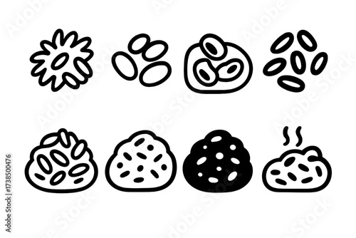 Rice and Beans Icons. Solid, filled icon set of rice and beans textures: fluffy rice, soft beans, creamy beans, firm beans, mixed, seasoned, spiced, cooked.