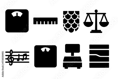Scale Icons Collection. Solid, filled icon set of scale types: weighing scale, scale ruler, fish scale, scale of justice, musical scale, body scale, price
