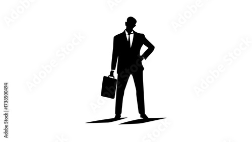 Silhouette of a businessman standing with a briefcase and hand on hip in black and white image