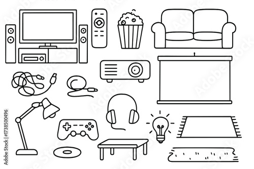 Home Theater Icons. Hand-drawn doodle illustration home theater setup TV, speakers, remote control, sofa, popcorn, DVD player, cables, projector, screen, lamp,
