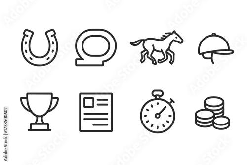 Race Day Icon Set. Outline icon set of race day: horseshoe, race track, racehorse, jockey helmet, trophy cup, betting slip, stopwatch, coins. Line icons in